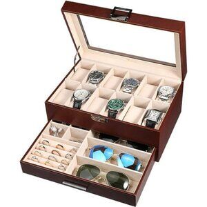 Voova Leather Watch Jewelry Box Organizer Display Case 12 Slot Glass Top